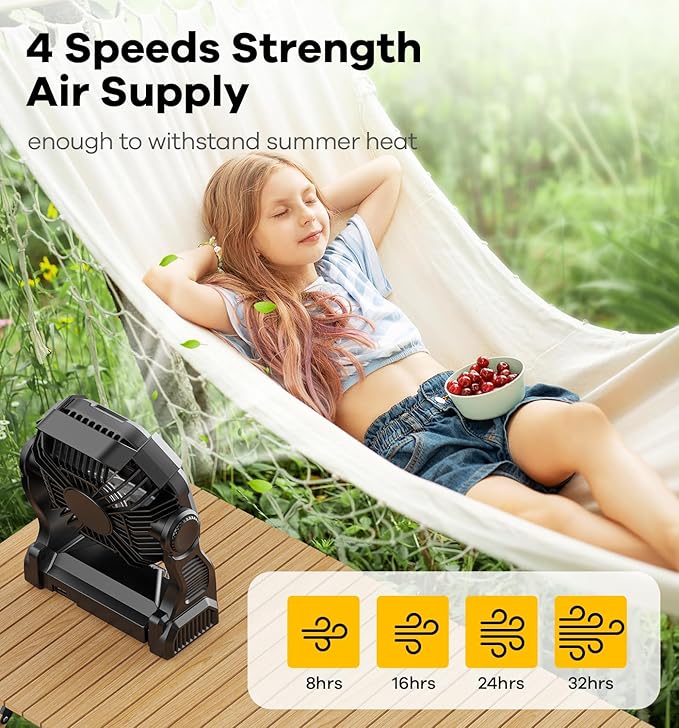 DOWILLDO 15000mAh Portable Battery Powered Camping Fan - with LED Light, Quiet Battery Operated, Camping Gear for Travel, Tent, Beach, Car or Hurricane Power Outages，Black
