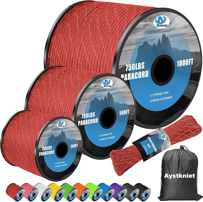 750Ib Reflective Paracord Rope,100' 200' 500' 1000', 4mm 11 Strand Parachute Spool Cord with Collecting Bag, para Cord Lanyard for Hammock, Camping