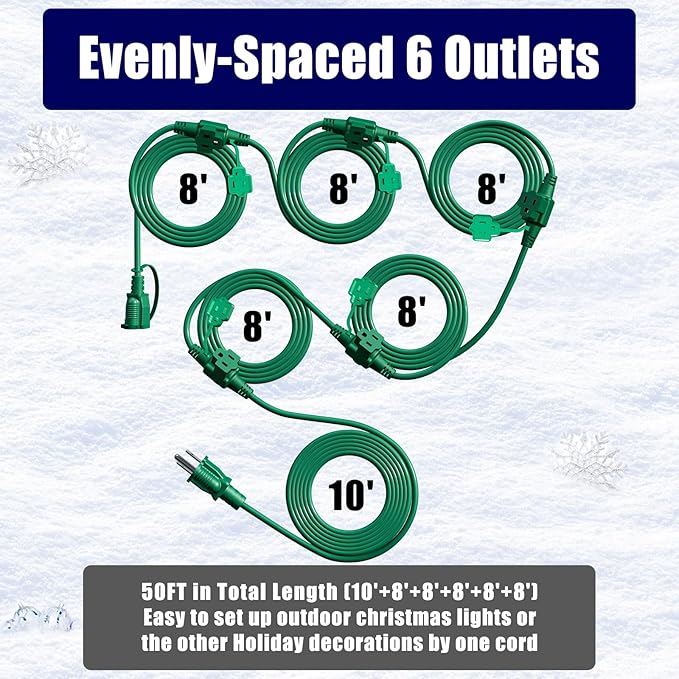 Eversimpleinc 50FT Outdoor Extension Cord with 6 Outlets Evenly Spaced··, with Waterproof Cover, Ideal for Outdoor Decoration Lawn Patio Lights, 16AWG/3C SJTW, ETL Listed