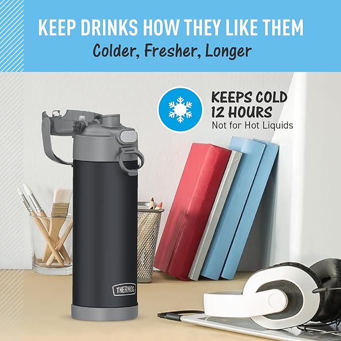 THERMOS FUNTAINER 16 Ounce Stainless Steel Vacuum Insulated Bottle with Wide Spout Lid, Matte Charcoal