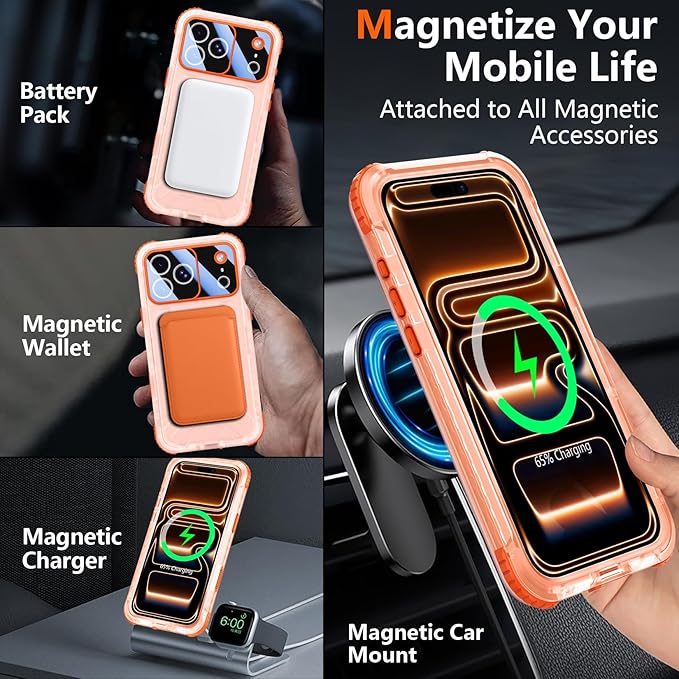 SPIDERCASE Magnetic for iPhone 17 Pro Max Case Waterproof,[Built-in Screen & Camera Protector] [IP68 Underwater] 12FT Military Shockproof, Dustproof, Anti-Scratched Phone Case,Orange/Clear