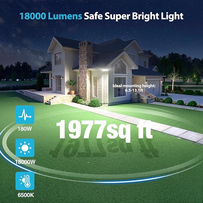 Olafus 180W Motion Sensor Outdoor Lights, 18000LM Dusk to Dawn LED Flood Lights Outdoor Wired, 6500K Daylight Motion Lights for Outside, IP65 Waterproof Exterior Security Light, Black