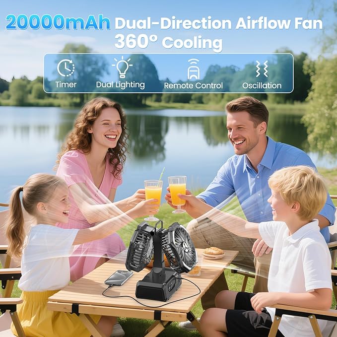 Dual Head Portable Rechargeable Fan 20000mAh Battery Powered Fan Camping Cordless with 360° Air Delivery, LED Lantern & Remote, Auto Oscillation, Battery Operated for Tent Office Travel Picnic Jobsite