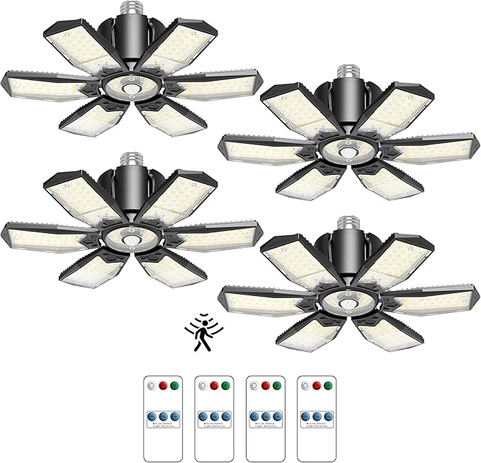 Garage Lights with Motion Sensor, 20000LM Motion Sensor Light Bulb Indoor with 6 Deformable and Auto-Off, E26 Screw-in 6500K Motion Activated Shop Light for Ceiling/Basement 4-Pack