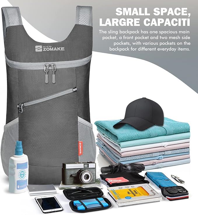 ZOMAKE Lightweight Packable Backpack,Foldable Backpacks Small Daypack for Hiking Water Resistant Day Bag for Travel(14L,Medium Grey)