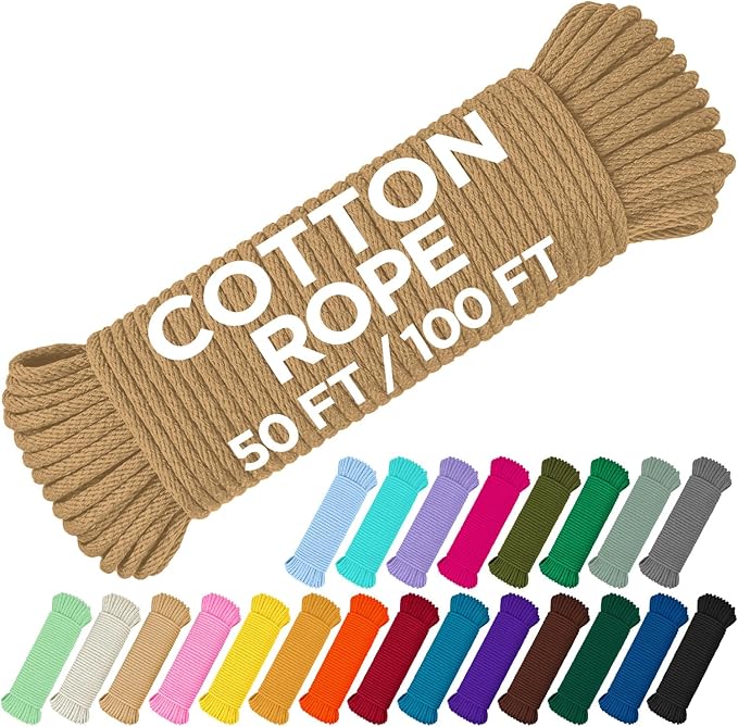 TECEUM Cotton Rope 3/16” (5 mm) – 50 FT – Strong All-Purpose Braided Rope – Natural Cotton – for Crafting, Сamping, Clothes Line, DIY, Indoor & Outdoor Use – Cappuchino