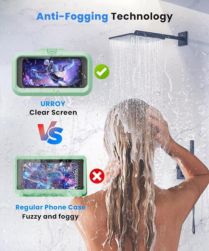 URROY Shower Phone Holder Waterproof One-Touch Open Shower Phone Case Anti-Fog & Sensitive Touchscreen Bathroom Wall Phone Mount Stand Universal Fit for iPhone & Smartphones Gift for Men Women Green