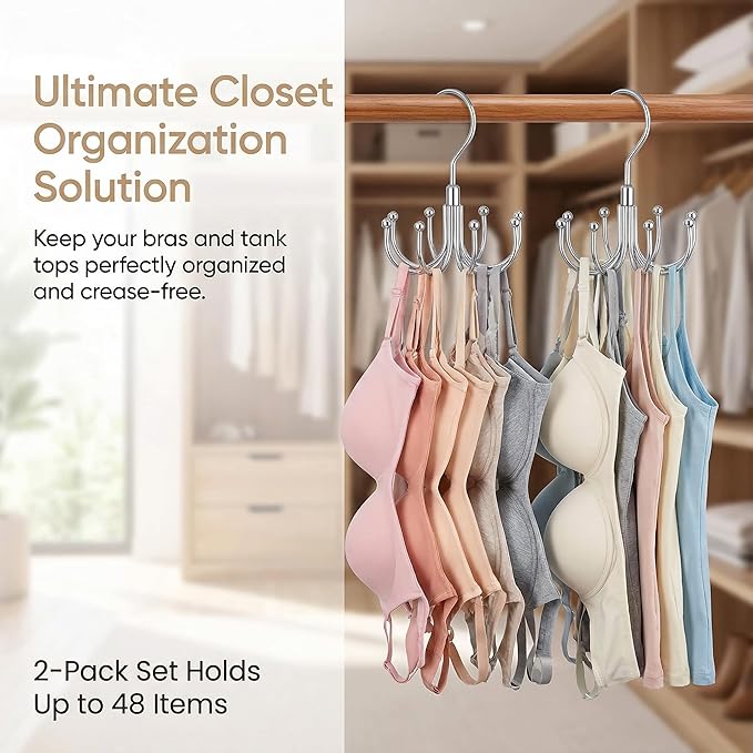 Rotatable Belt Hanger & Closet Organizer, 2 Pack - 48 Storage Capacity, 360° Swivel Hooks, Heavy-Duty Metal Holder for Bras, Tops, Ties, Scarves
