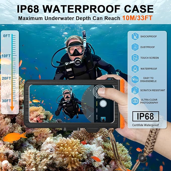 2026 Diving Snorkeling Phone Case for iPhone 17/16/15/14/13/12/11 Pro Max/XS/X Samsung Galaxy S26/S25/S24 Professional Scuba Dive Waterproof Underwater Photo Video Cover (4TH Gen, Orange)