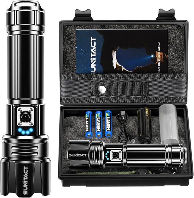 Sunitact Flashlights High Lumens Rechargeable - 20000LM 30W Super Bright LED Flash Light | 5000ft Beam & 12H Long Lasting USB High Powered Handheld Police Flashlight for Home/Camping/Hiking/Emergency