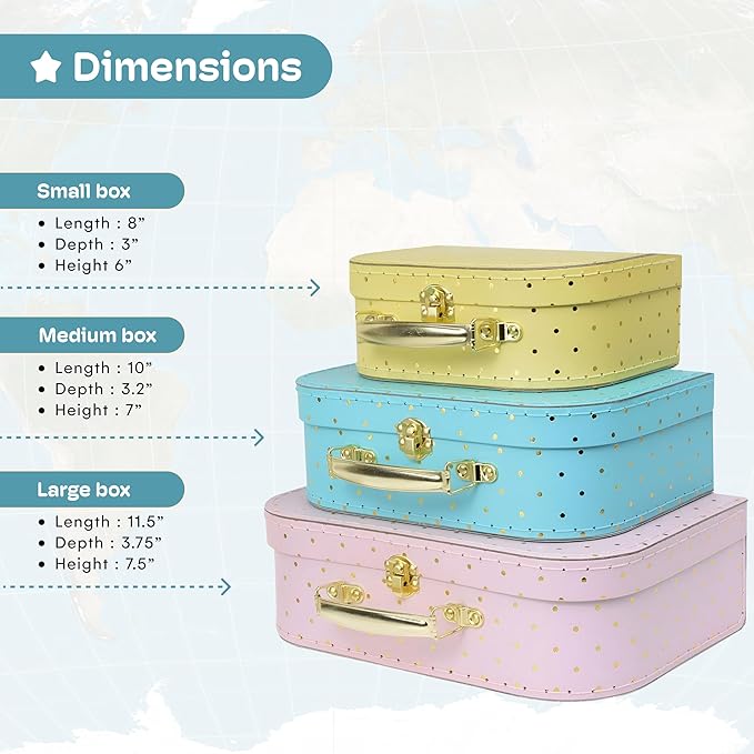 Jewelkeeper Decorative Storage Boxes Set of 3 - World Map Mini Suitcase Style Cardboard Suitcase with Brass Clasps and Handle - Ideal for Travel Decor, Event Props and Gift Presentation