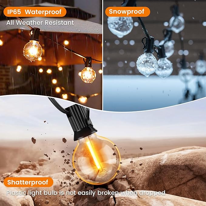 OHLUX Outdoor String Lights,110FT Dimmable Patio Lights with 58 Shatterproof 2200K LED G40 Bulbs(2 Spare),Waterproof Hanging Lights String for Outside Backyard Cafe Porch Deck Porch