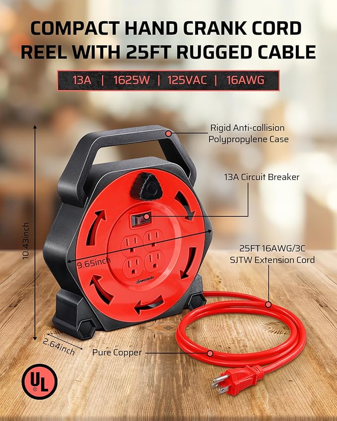 DEWENWILS Extension Cord Reel with 25 FT Power Cord, Hand Wind Retractable, 16/3 AWG SJTW, 4 Grounded Outlets, 13 Amp Circuit Breaker, Red, Red Cord, UL Listed