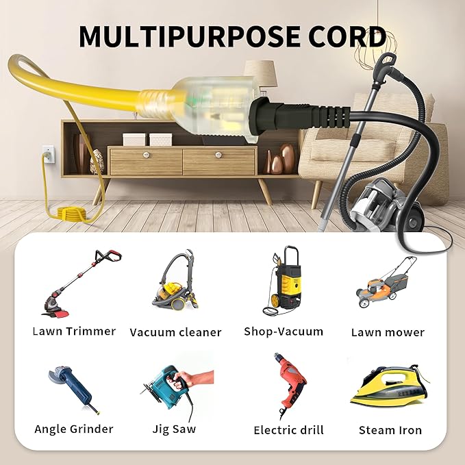 POWGRN 25 Ft 10AWG Outdoor Extension Cord Waterproof Heavy Duty 10 Gauge 3 Prong, Flexible Cold-Resistant Power Cord Indoor & Outside with Lighted Indicator End, 15Amp 1875W SJTW Yellow ETL Listed