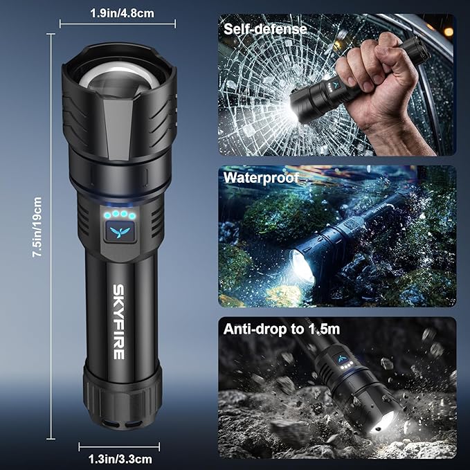 SKYFIRE Rechargeable Flashlights High Lumens with Ignition Lens,5000mAh Super Bright Flashlight Waterproof Powerful LED Tactical Flash Light for Camping Essentials Outdoor Home&Gifts