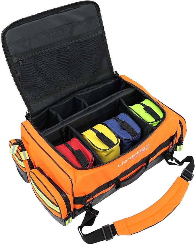 Lightning X Fully Stocked X-Tuff Modular Oxygen Trauma Bag w/Removable Organizer Pouches for EMS/EMT + First Responder - Orange