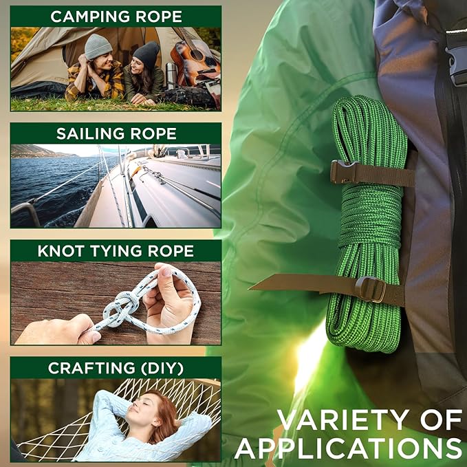 TECEUM Rope – 90 Feet x 1/4 Inch (7mm) – Green – Strong All-Purpose Utility Rope – Camping, Crafting, Flag Pole, Indoor & Outdoor – Polypropylene Nylon Poly Lightweight Diamond Braided Cord