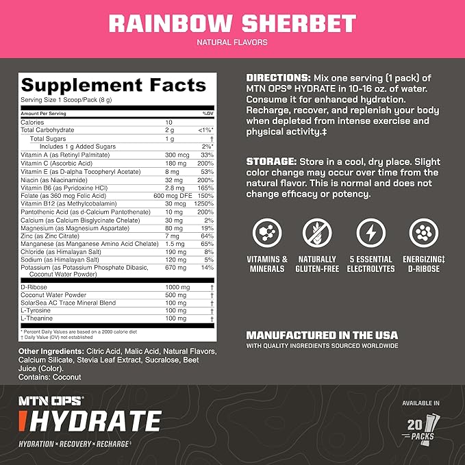 MTN OPS Hydrate Low Sugar Electrolyte Powder Drink Mix with 1g D-Ribose Sugar, 1000mg Electrolytes, On-The-Go Packs, 20 Stick Packs, Rainbow Sherbet