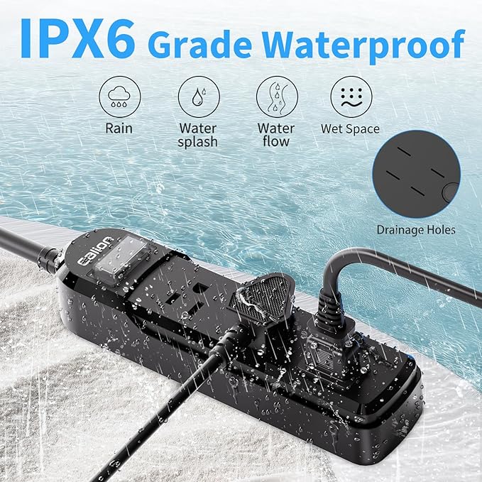 VNJ IPX6 Waterproof Outdoor Surge Protector Power Strip, 3AC Outlets 3FT Cord with On/Off Power Switch Safety Lock ETL Certified for Patio Garden