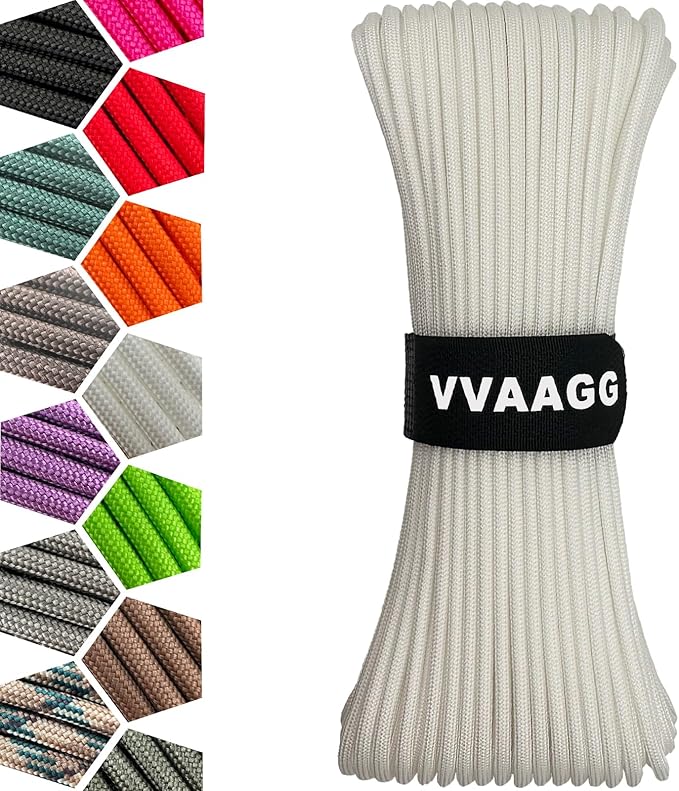 VVAAGG 1000 Paracord Rope, 50ft 12 Strand Parachute Cord for Crafting, DIY Projects, Survival Bracelets, Camping, Tent, Clothsline, Outdoor Hiking, Fishing (White, 50FT)