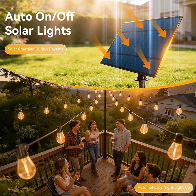 Ollny S11 30FT Solar String Lights Outdoor with Remote, Waterproof Dimmable Patio Lights with Timer & 3 Lighting Modes, 10 Shatterproof Edison Bulbs, String Lights for Outside Backyard Party Décor