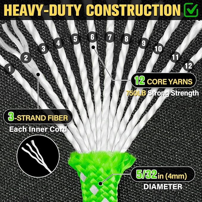 Reflective Paracord Rope 750 lb - 500ft 5/32" Parachute Cord 4MM 12-Strand para Cord - Heavy Duty Spool String for Survival,Camping Gear, Survival Bracelet, Clothesline - Neon Green