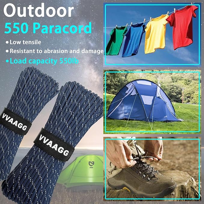VVAAGG Reflective Paracord Rope 100FT, 7 Strand Nylon para Cord Lanyard Utility 550 Parachute Cord, 4mm Thin Tent Rope for Outdoor Camping Hiking