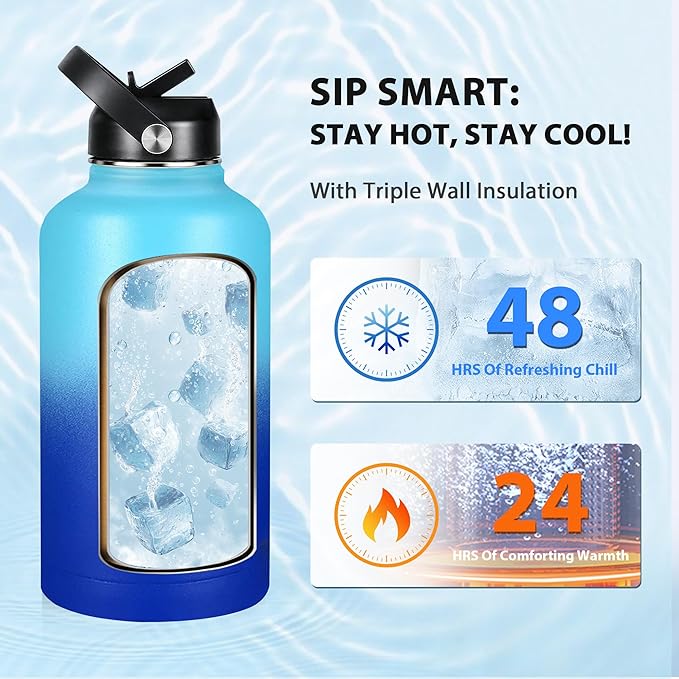 Insulated Water Bottle 64 oz, Triple Wall Vacuum Stainless Steel Water Bottles (Cold for 48 Hrs), Leak Proof & Non-BPA, Half Gallon Water Flask Jug Wide Mouth Straw Lid & Spout Lid