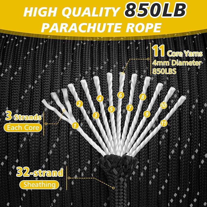 Reflective Paracord Rope 850Ib, 50/100/200/500/1000ft 4MM 11 Strand para Cords Lanyard Utility Parachute Cord for Tent Camping Hiking Fishing Survival Clothesline DIY Projects, Black 50FT