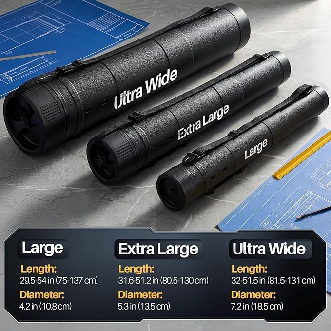 Flexzion Poster, Art, Document Tube with Strap, Expandable Waterproof Plastic Container, Telescoping Cylindrical Storage Case, Portable Paper Holder for Draft Sketch Blueprint, 4.7 IDx31.7-51.2 Inch