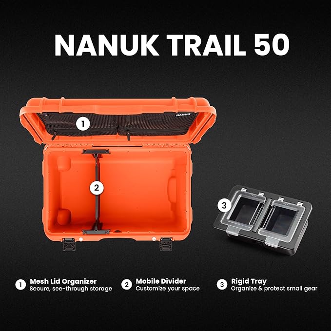 NANUK Trail 50 – 51.1 L (13.5‑Gallon) Waterproof Gear Case – Modular Cargo Case for Camping, Fishing, Hunting & Outdoor Storage - Dustproof and Impact Resistant (23.8” x 15.5” x 13.2”) – Orange