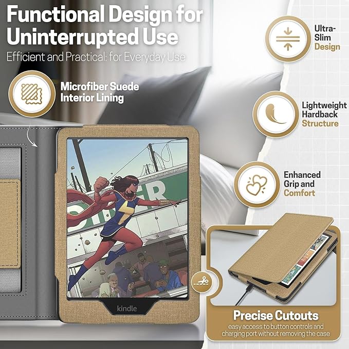TNP Stand Case with Strap for Kindle Paperwhite 12th Gen 2024 / Kindle Colorsoft Signature Edition - 7" PU Leather Protective Folio Cover with Auto Wake/Sleep & Card Slot, Gold