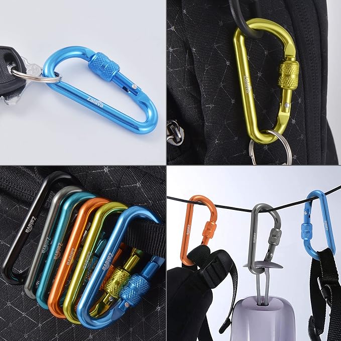 6PCS Carabiner Keychain, 2 inch Aluminum D-Clip Caribeener with Hook