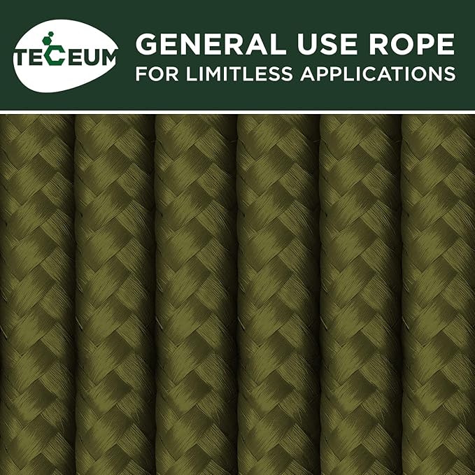 TECEUM Rope – 90 Feet x 1/4 Inch (7mm) – Army Green – Strong All-Purpose Utility Rope – Camping, Crafting, Flag Pole, Indoor & Outdoor – Polypropylene Nylon Poly Lightweight Diamond Braided Cord