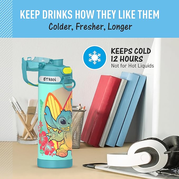 THERMOS FUNTAINER 16 Ounce Stainless Steel Vacuum Insulated Bottle with Wide Spout Lid, Stitch