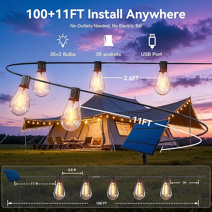 Ollny S11 100FT Solar String Lights Outdoor with Remote, Waterproof Dimmable Patio Lights with Timer & 3 Lighting Modes, 35 Shatterproof Edison Bulbs, String Lights for Outside Backyard Party Decor