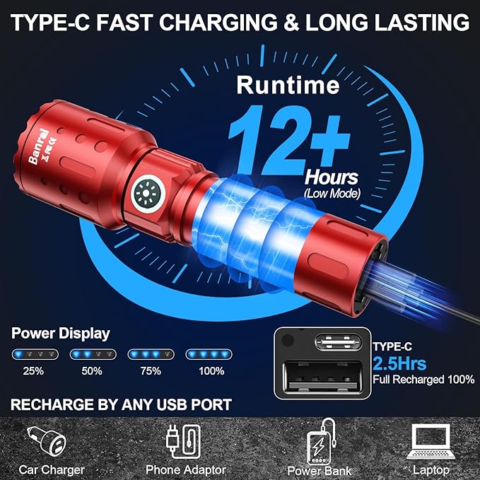 Banral Flashlights High Lumens Rechargeable, Super Bright Long Range Small Powerful Flashlight, 6 Modes LED Tactical Pocket Waterproof Flash Light for Home Emergency (1, Red)