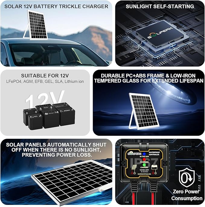 SOLPERK Solar Panel Kit 10W 12V, Waterproof Solar Battery Trickle Charger Maintainer + Smart MPPT Controller + Adjustable Mount Bracket for Boat Car RV Motorcycle Marine Automotive