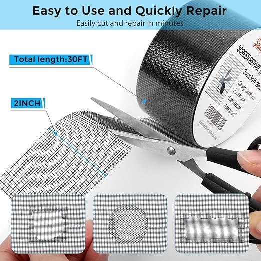 Secopad Black Window Screen Repair Tape, 2 in X 30 FT (360IN) Screen Repair Kit for Windows or Doors, Strong Adhesive Fiberglass Mesh Patch Tape (Pack of 2)