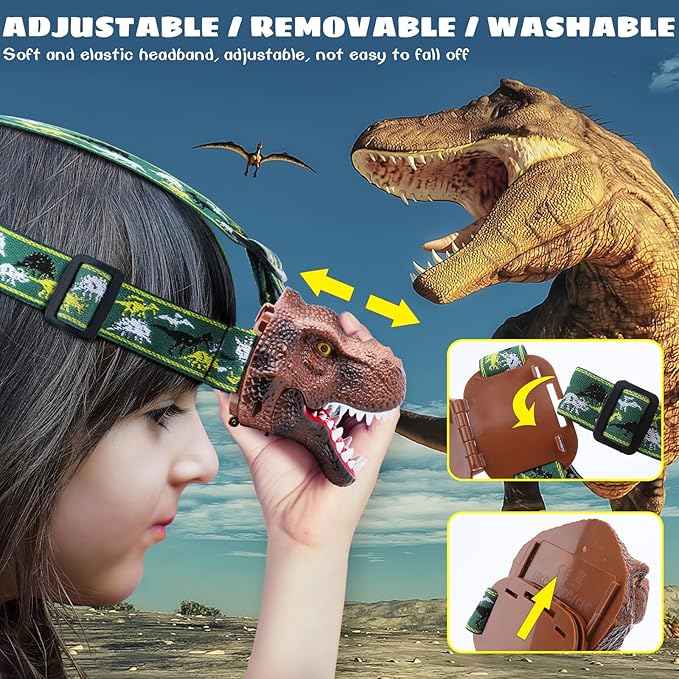 Dysaim Kids Headlamp, Dinosaur LED Rechargeable Headlamp for Kids Flashlight Outdoor Camping Essentials Gear, Dinosaur Toys Headlight for Boys Girls/Adults, Ideal Gift Toys for Birthday Rave Party
