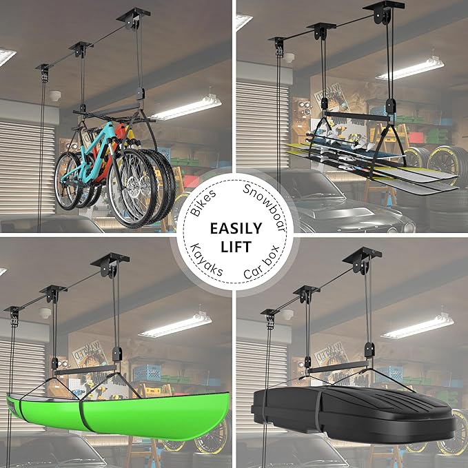TRUSOON 2025 Upgrade Cargo Box Garage Pulley System, Garage Ceiling Hoist Heavy-Duty Holds up to 150 lbs Capacity, Fit 10-18 Foot Ceilings, Black
