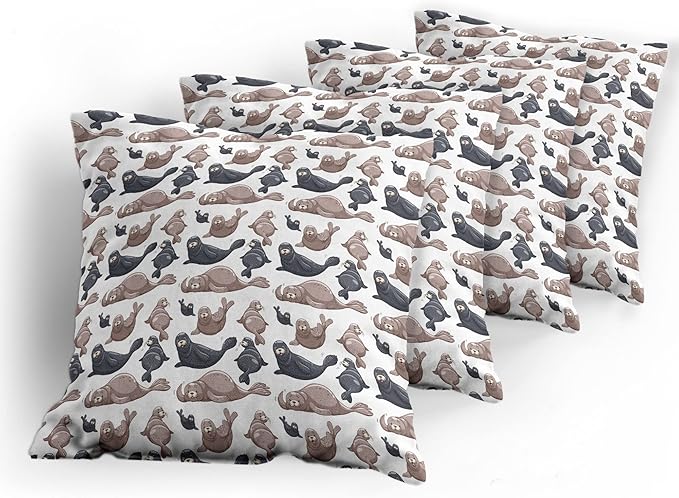 Ambesonne Sea Animals Decorative Throw Pillow Case Pack of 4, Seals Illustration Sea Lion Exotic Tropical Comic Graphic Wild Ocean, Cushion Cover for Couch Living Room Car, 16", Taupe Grey