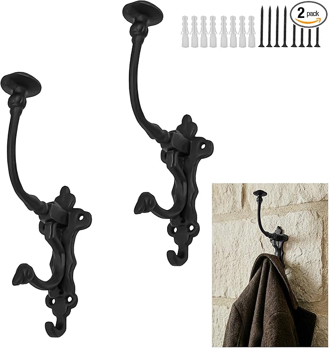 Mystic Colonial Rustic Cast Iron Wall Hooks – Heavy Duty Vintage Utility Hooks for Hanging Coats, Towels, Bags, Robes, Hats & More – Large Decorative Wall Mount Hanger, Pack of 2, Black