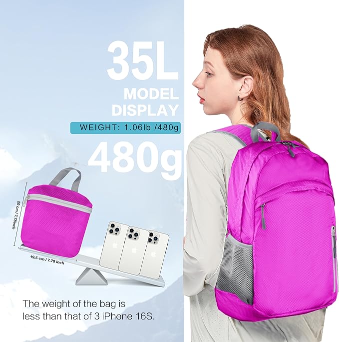 Waterproof Foldable Backpack Dry Storage Lightweight Daypack 35L Outdoor Backpack for Beach Men Women Hot Pink