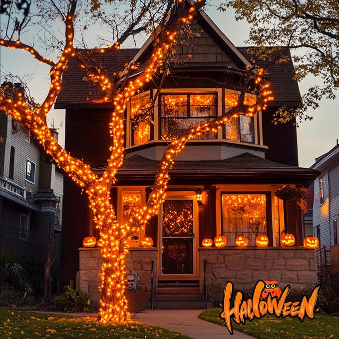 JMEXSUSS 33ft 100 LED Orange Christmas Lights, Battery Operated Christmas Lights, Orange String Lights with Remote Indoor Outdoor Waterproof for Fall Xmas Decorations