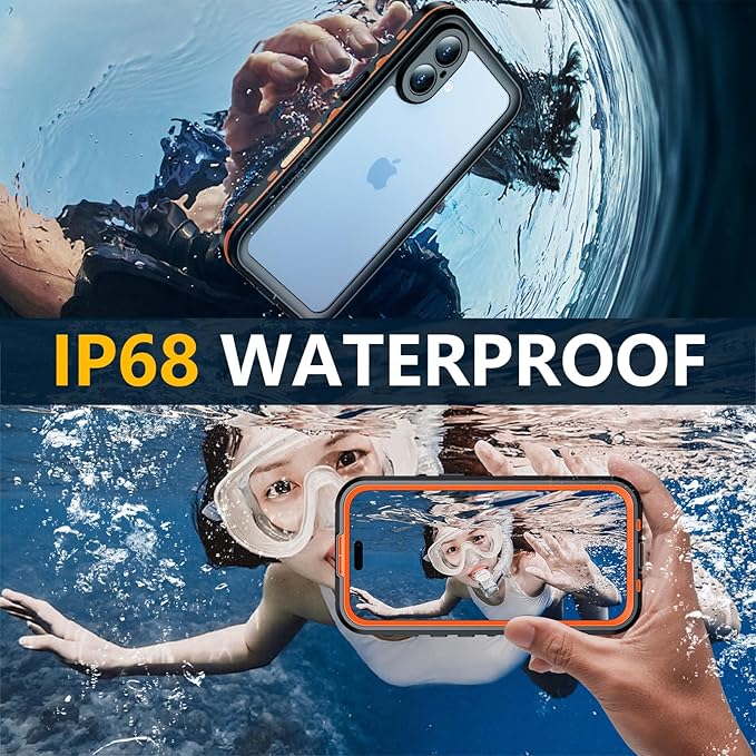 Red2Fire for iPhone 17 Case Waterproof, [Built-in Screen Protector & Camera Protector][Compatible with MagSafe][Full Body Shockproof][IP68 Waterproof][Dustproof] Phone Case 6.3" Orange/Clear