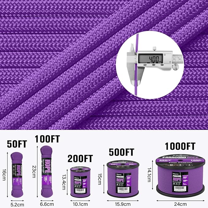 Paracord Rope 750 lb - 200ft 5/32" Parachute Cord 4MM 12-Strand para Cord - Heavy Duty Spool String for Survival,Camping Gear, Survival Bracelet, Clothesline - Purple