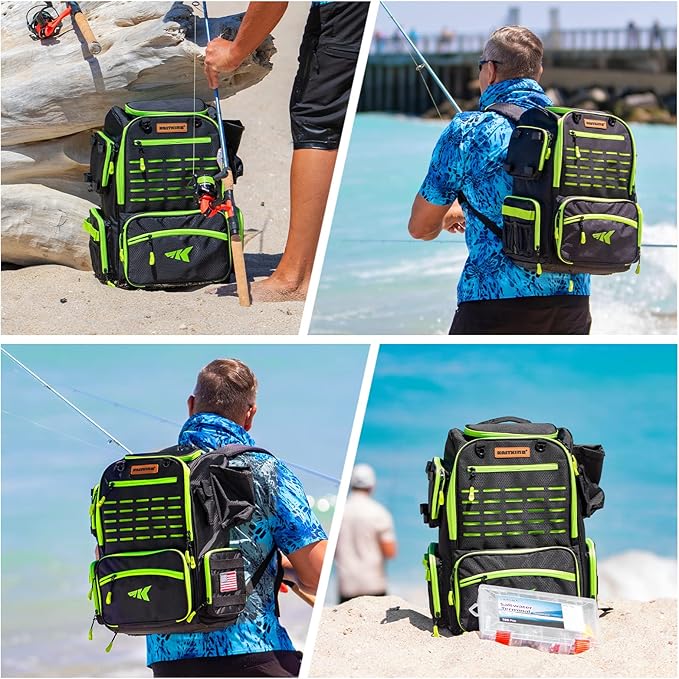 KastKing Bait Boss Fishing Tackle Backpack with Rod Holders-4 Tackle Boxes-Rain Cover,45/43L Large Storage for Fishing Gear