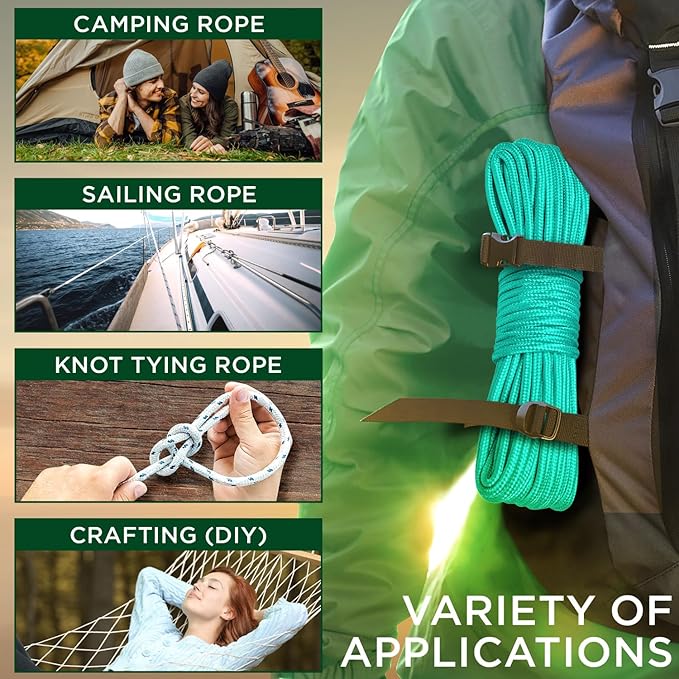 TECEUM Rope – 90 Feet x 3/8 Inch (10mm) – Green Wave – Strong All-Purpose Utility Rope – Camping, Crafting, Flag Pole, Indoor & Outdoor – Polypropylene Nylon Poly Lightweight Diamond Braided Cord