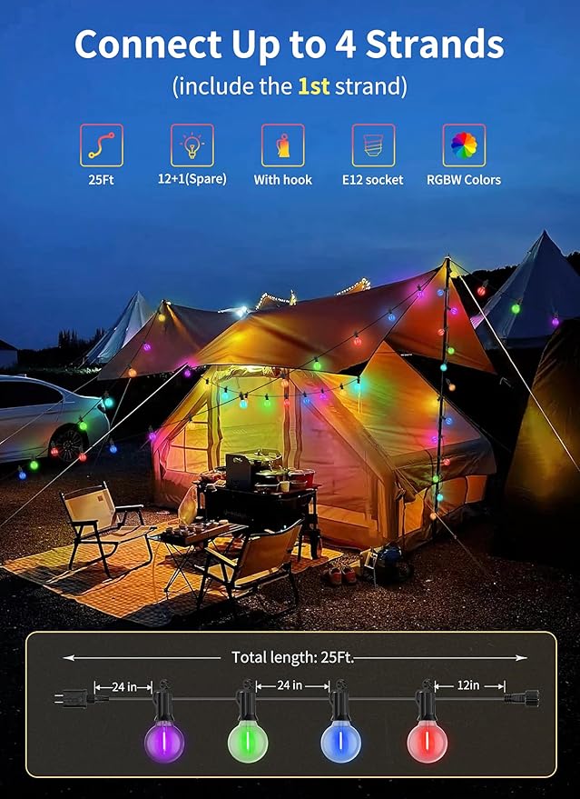 Brightown Outdoor String Lights 29 Feet G40 LED Patio Lights, 13 Plastic Edison Bulbs(1 Spare), Waterproof Connectable Hanging Light for Backyard Porch Balcony Party Decor, E12 Base, Multicolor